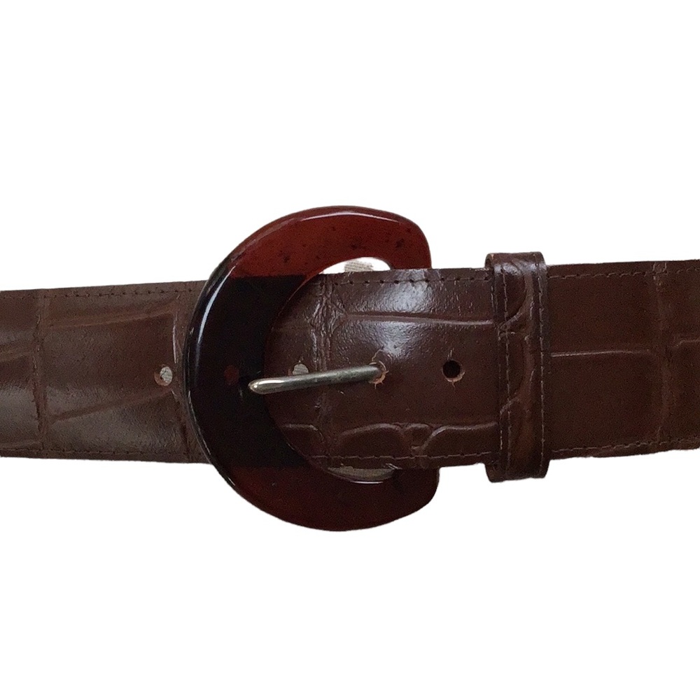 Faux Reptile Alligator Crocodile Brown Belt With Round Amber Buckle Size 14